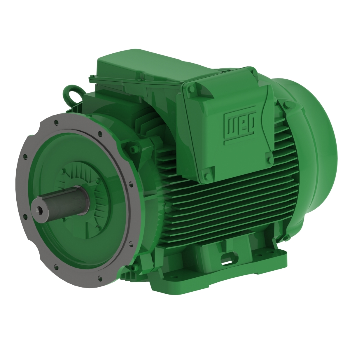 Green industrial electric motor with a mounted gearbox and exposed cooling fins, seen from the front-left side, showing the output shaft hub at the flange.