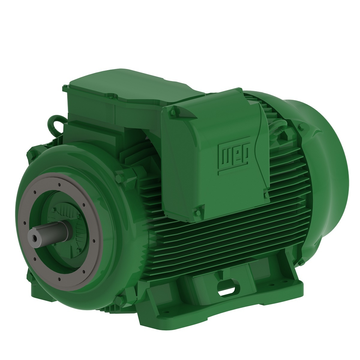 Green industrial electric motor with cooling fins and mounting base, viewed from the side.