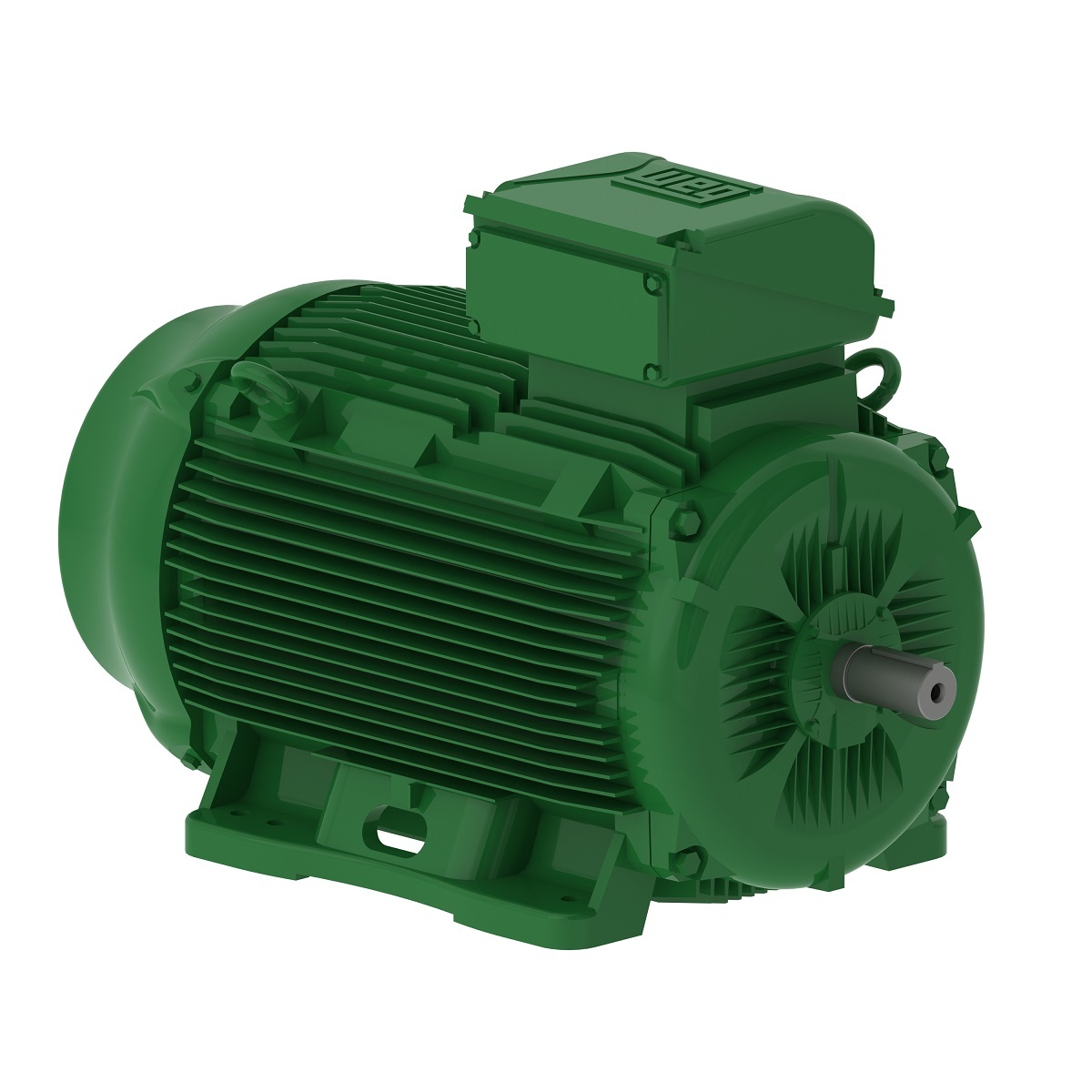Green industrial electric motor with cooling fins and a visible right-side shaft.