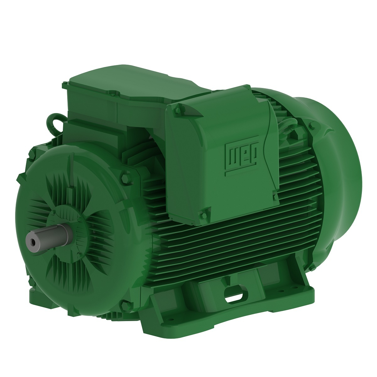 Green industrial electric motor with cooling fins and drive shaft protruding from the front face at left side of image