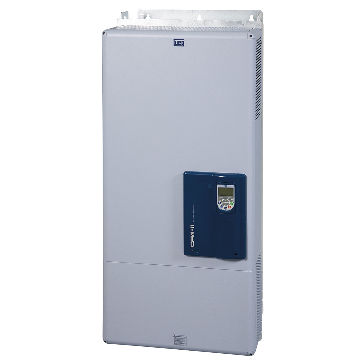 Vertical industrial drive cabinet with a blue front-mounted control panel (WEG CFW-11).