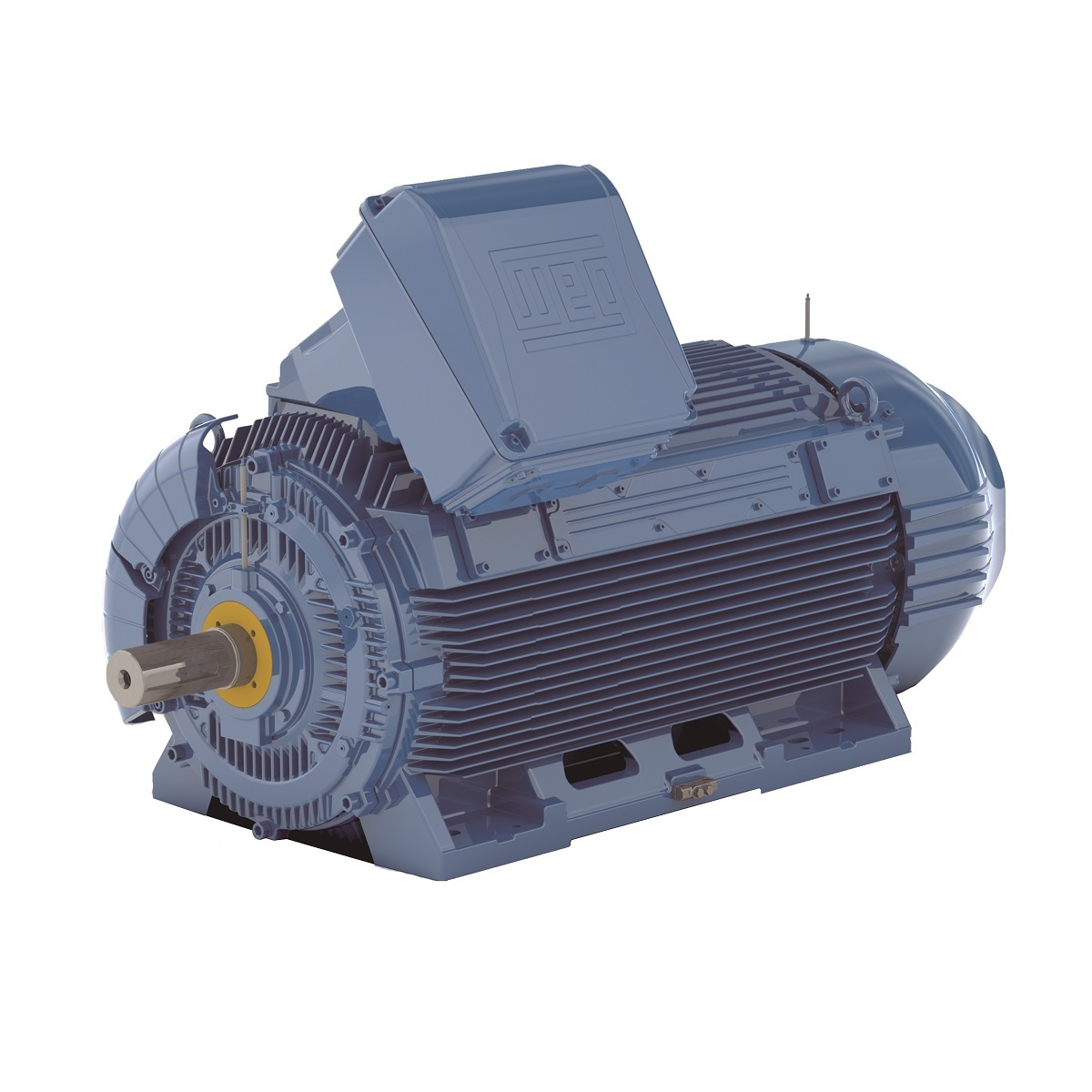 Blue industrial electric motor with exposed drive shaft and cooling fins, mounted on a base.